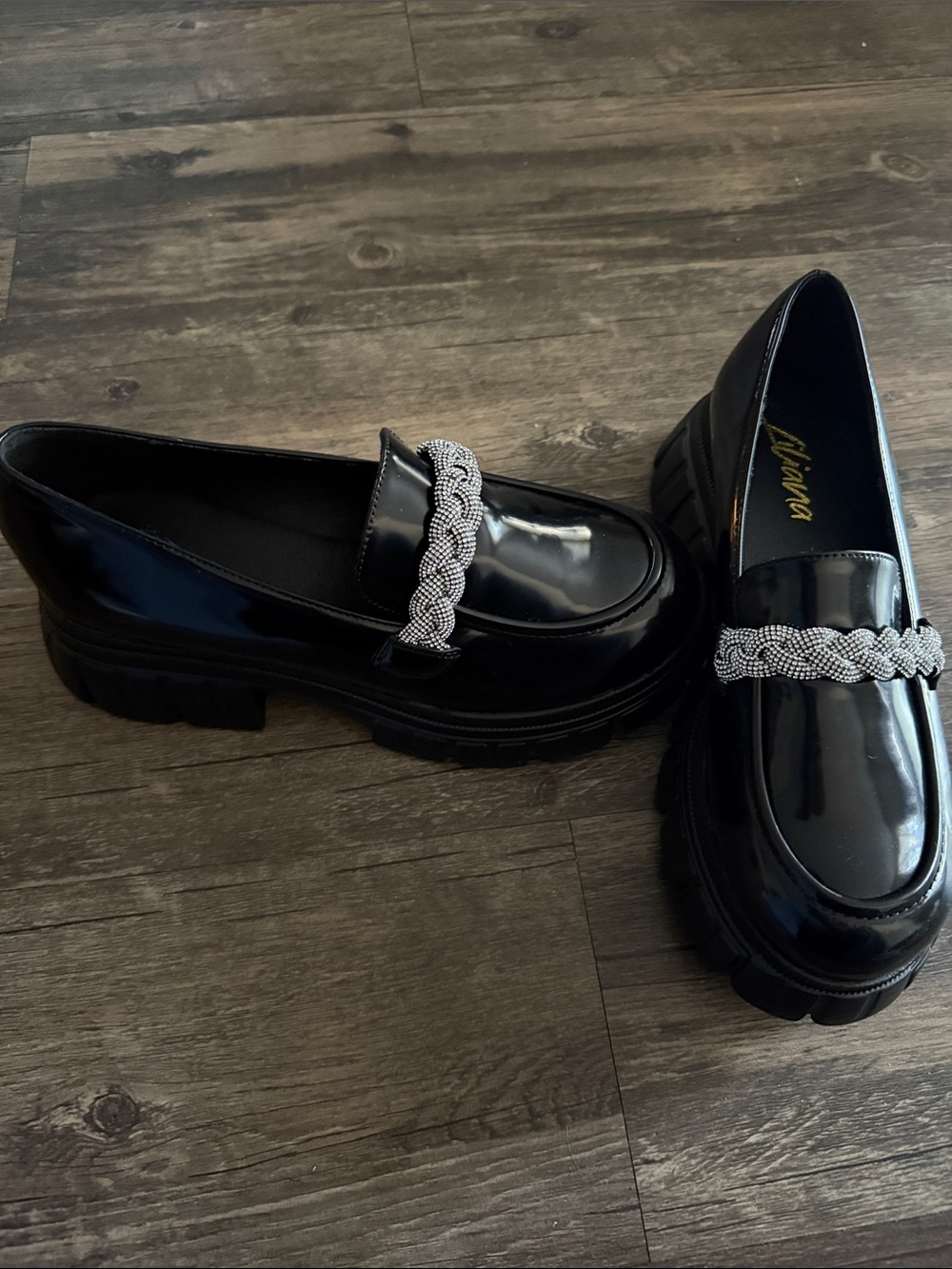 Liliana Black Patent Loafers with Silver Braided Accent